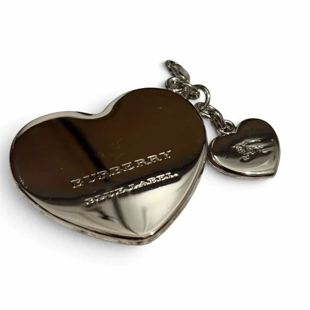 Burberry Blue Label Nova Check Heart Bag Charm Keychain Silver Tone Fob